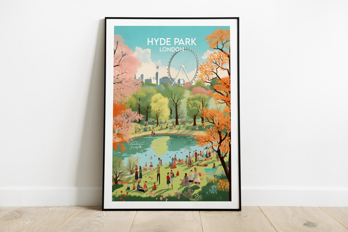 Hyde Park London Autumn Lake Boaters London Eye Scene Art Poster