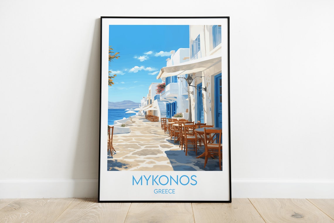 Mykonos Greece Whitewashed Waterfront Cafes Retro Travel Poster