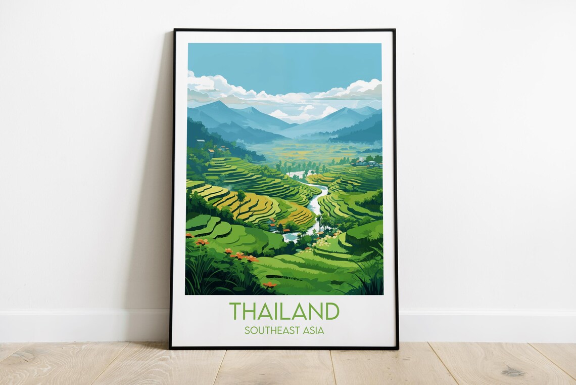 Thailand Southeast Asia Green Rice Terraces Vintage Travel Poster