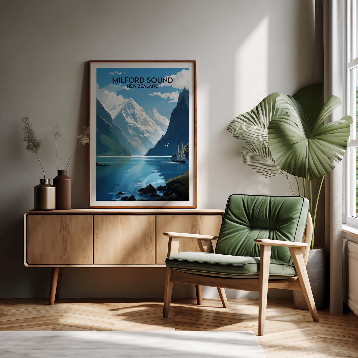 Milford Sound New Zealand Fjord Peaks Sailboat Travel Poster - Image 2
