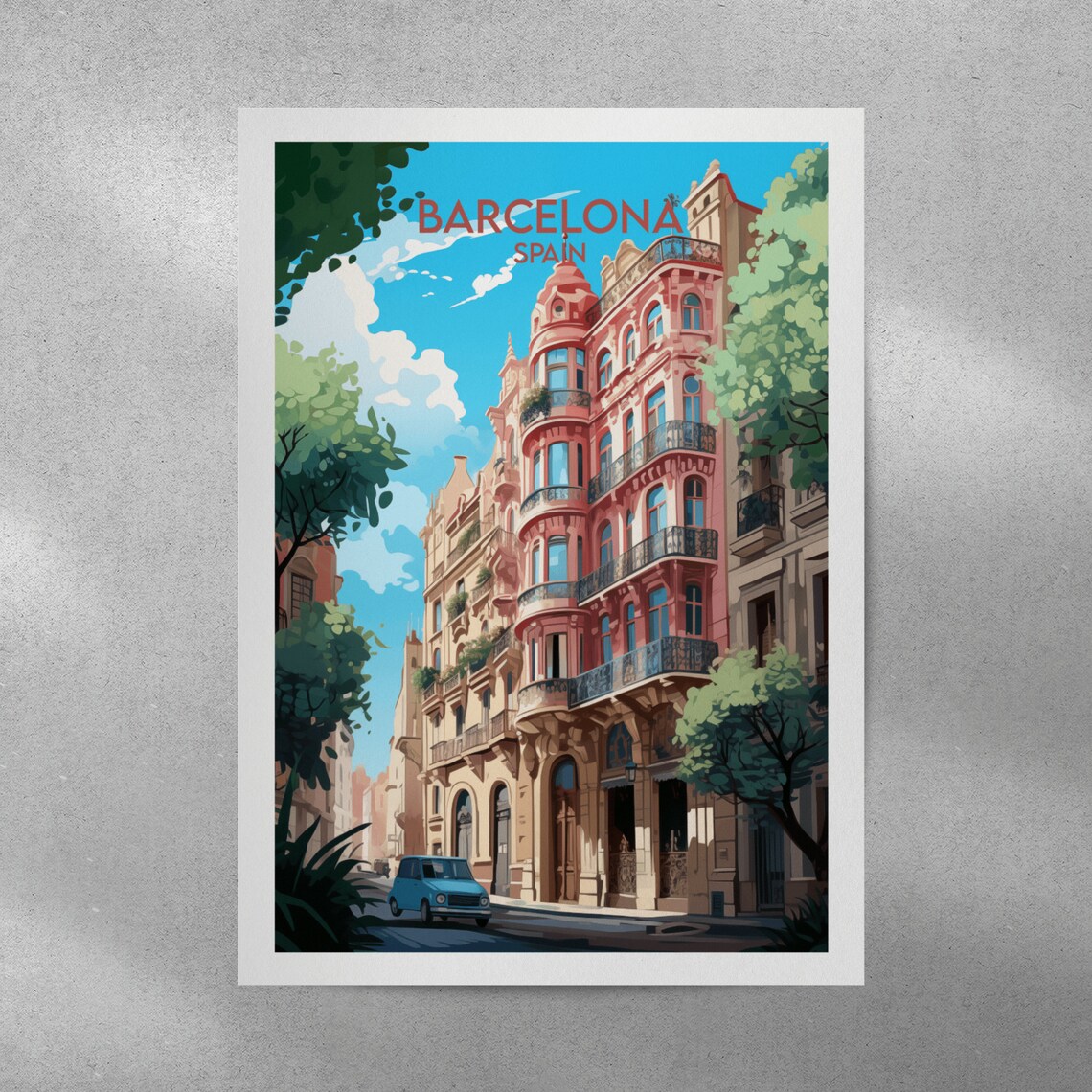 Barcelona Spain Pink Modernist Building Street Scene Travel Poster - Image 3