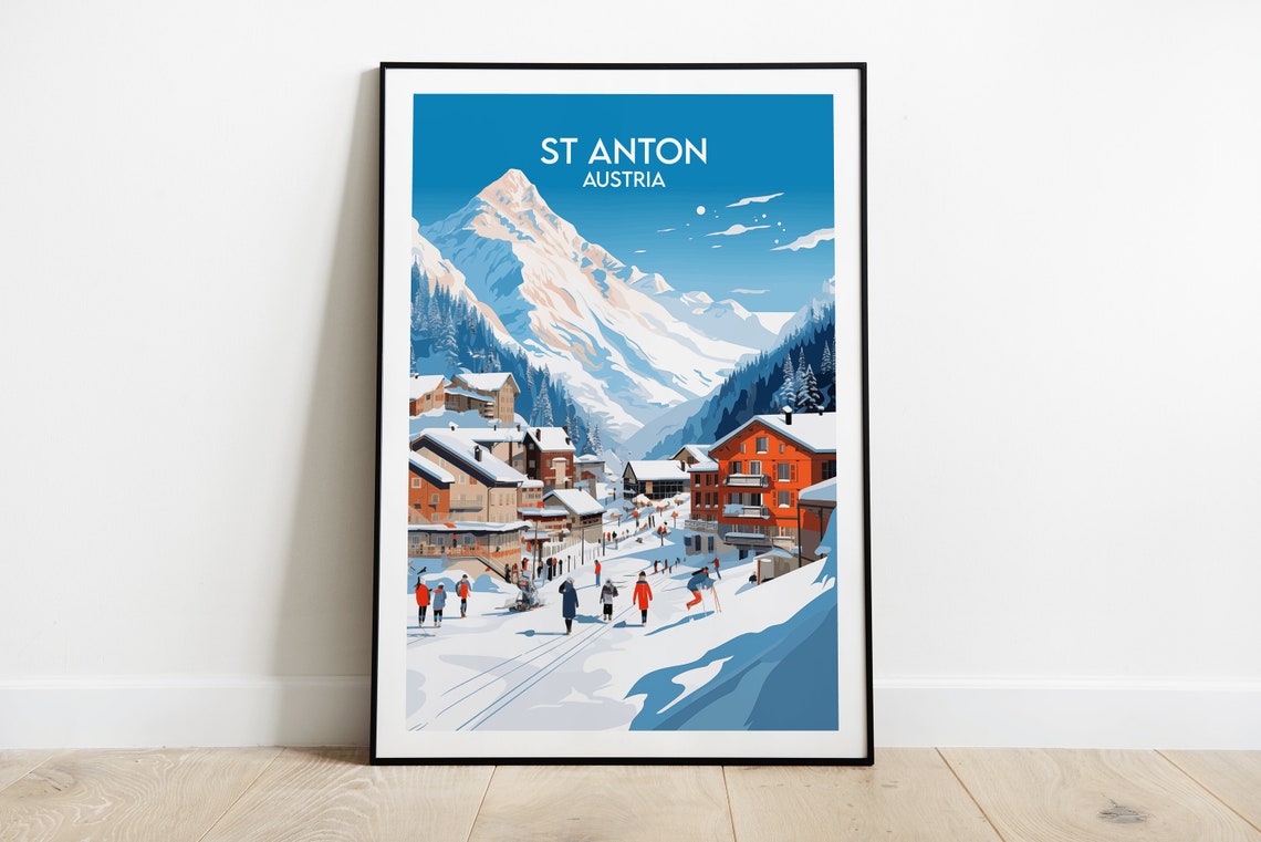 St Anton Austria Snowy Alpine Ski Village Vintage Travel Poster