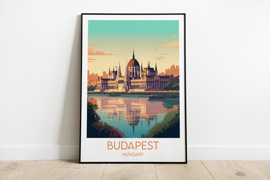 Budapest Hungary Parliament Building Retro Travel Art Poster