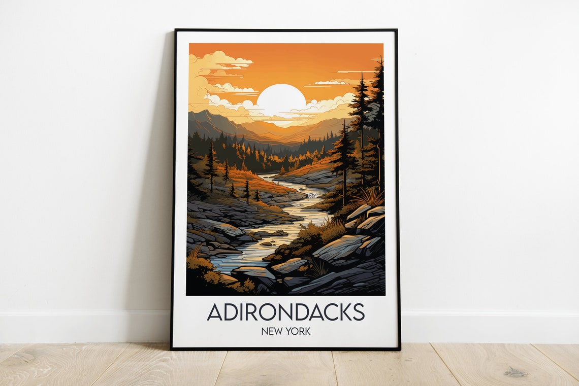 Adirondacks New York Sunset Rocky River Gorge Scene Travel Poster