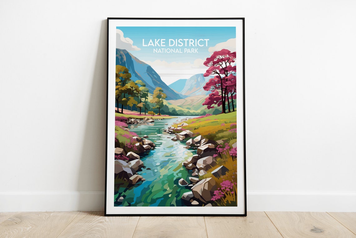Lake District National Park River Rocks Pink Blossom Tree Poster