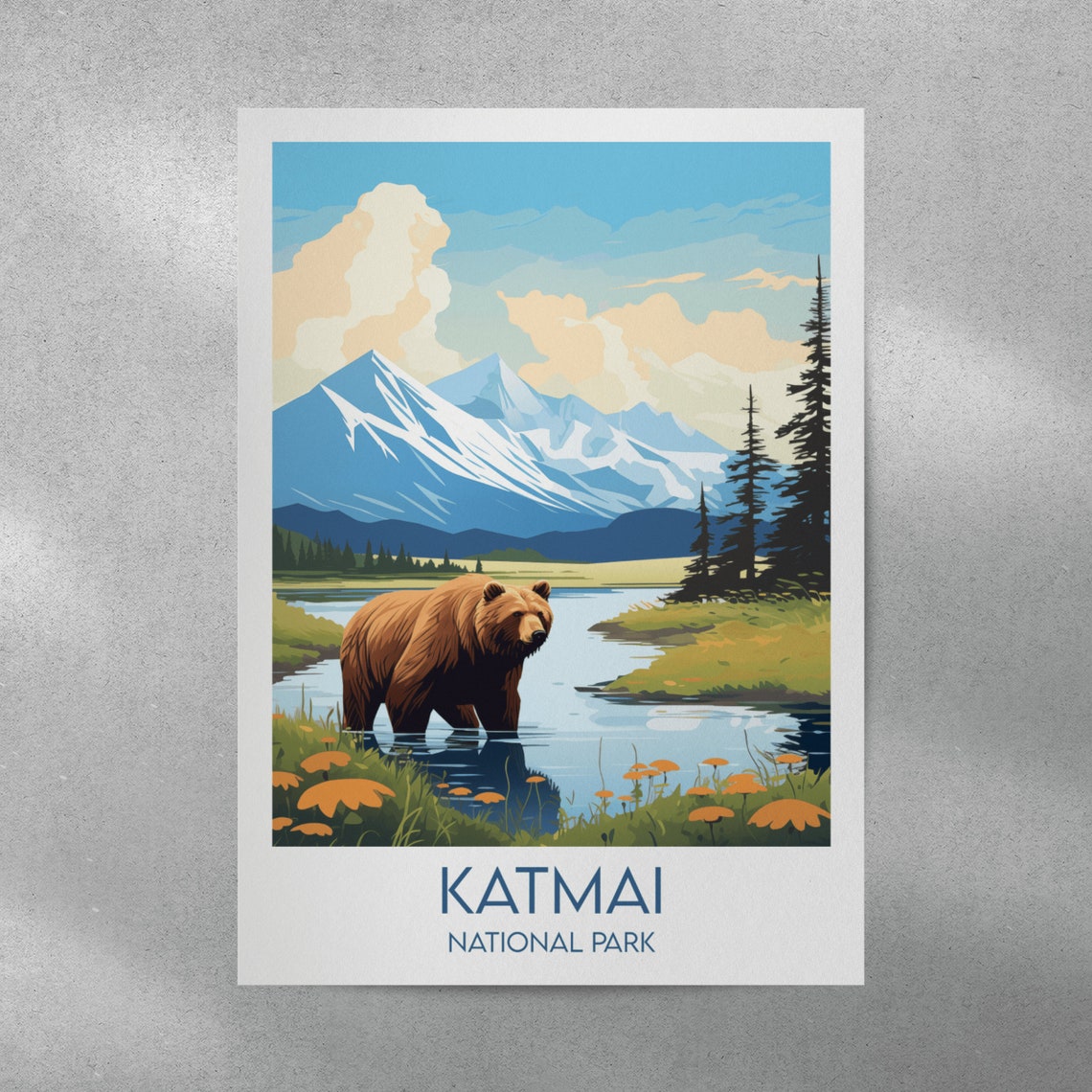 Katmai National Park Alaska Mountain Bear Illustrated Travel Poster - Image 3