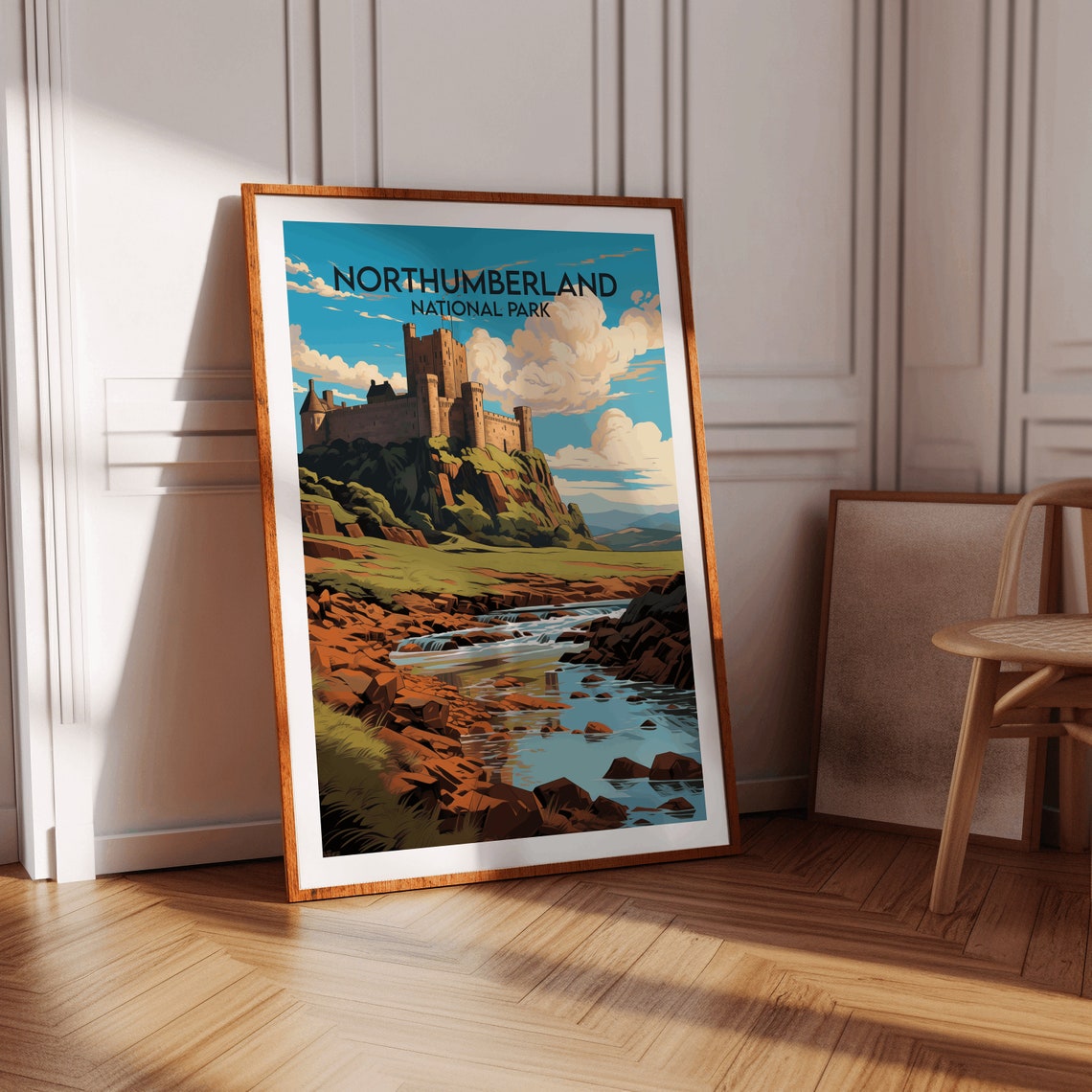 Northumberland National Park Castle Ruins River Retro Travel Poster - Image 2