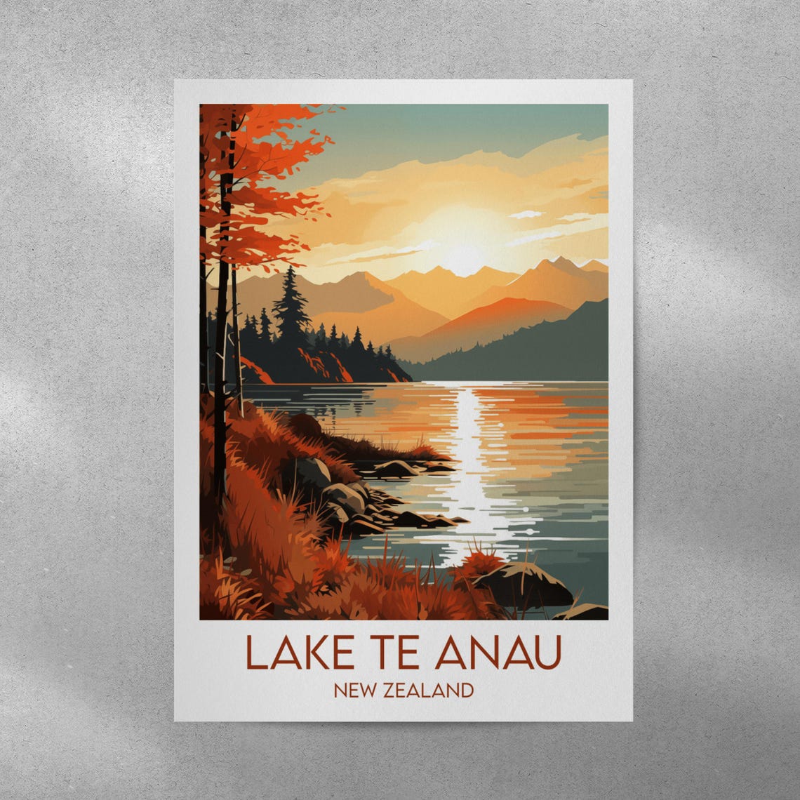 Lake Te Anau New Zealand Golden Sunset Shore Pines Travel Poster - Image 4