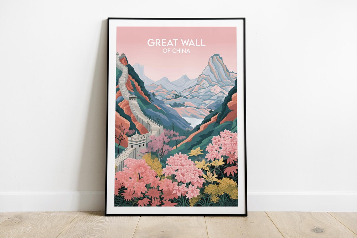 Great Wall of China with Pink Blossom Mountain Travel Poster