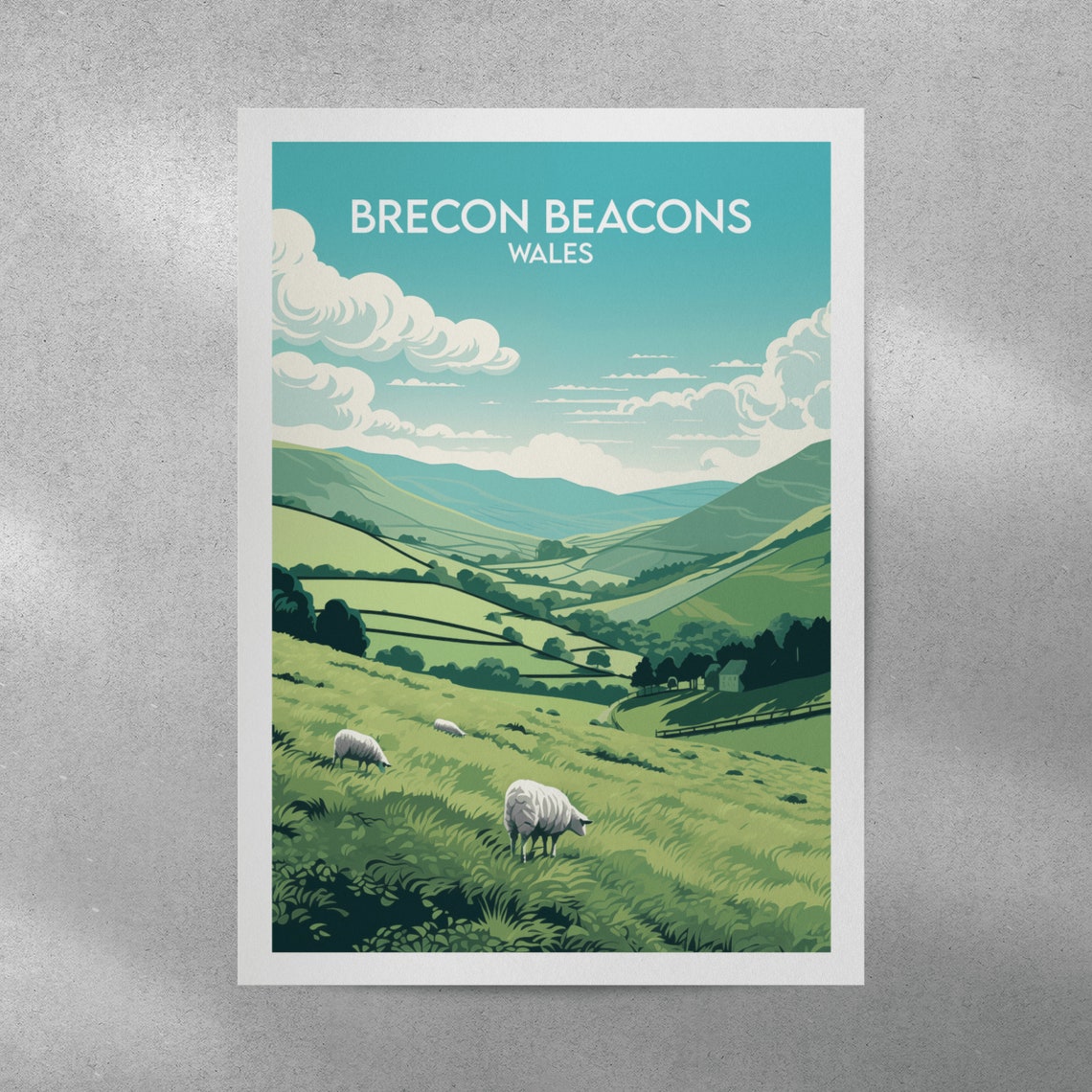 Brecon Beacons Wales Green Hills Grazing Sheep Vintage Travel Poster - Image 2