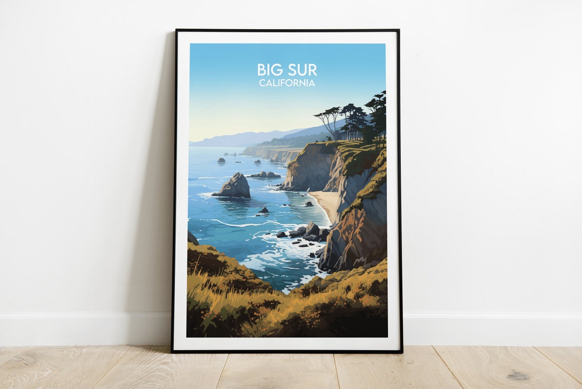Big Sur California Daytime Ocean Cliffs Cypress Trees Travel Poster