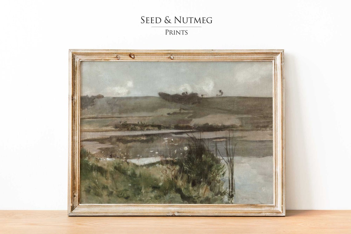 River Valley Wildflowers Vintage Muted Neutral Landscape Poster