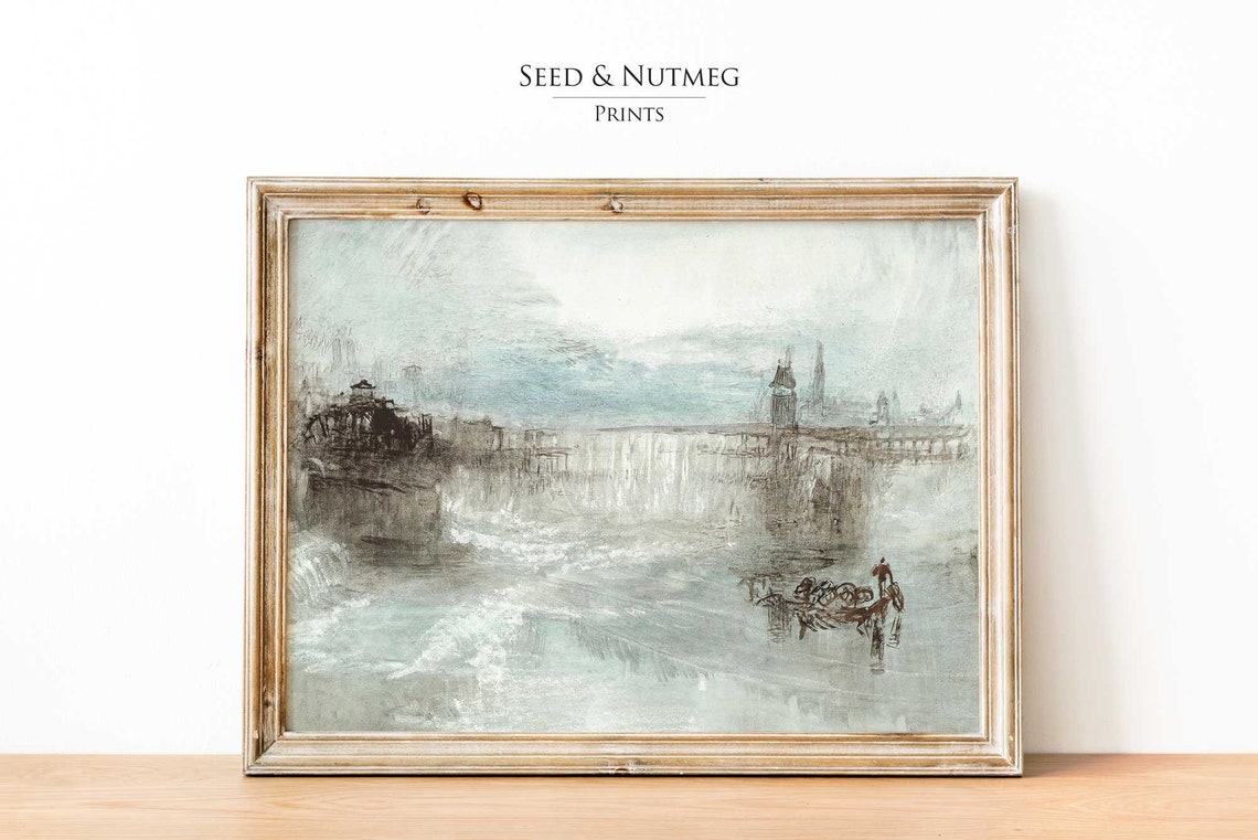 Misty Blue Gray Harbor Ships Vintage Seascape Oil Painting Poster
