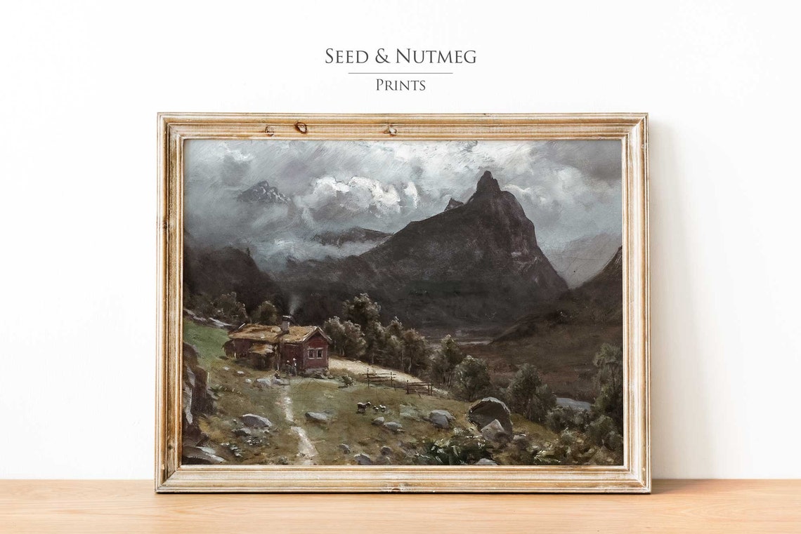 Rustic Mountain Cabin Beneath Dramatic Peak Vintage Art Poster