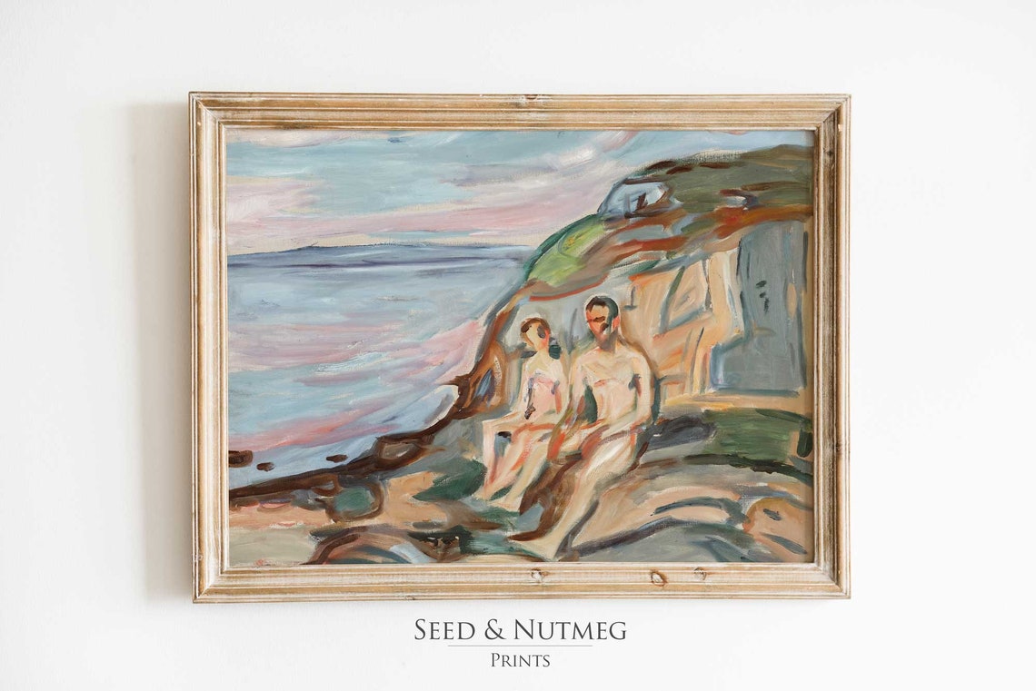 Nude Bathers Rocky Shore Sea Vintage Modernist Coastal Poster