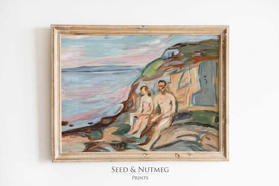 Nude Bathers Rocky Shore Sea Vintage Modernist Coastal Poster