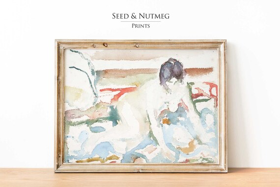 Reclined Woman in Bedroom Soft Watercolor Figure Study Art Print