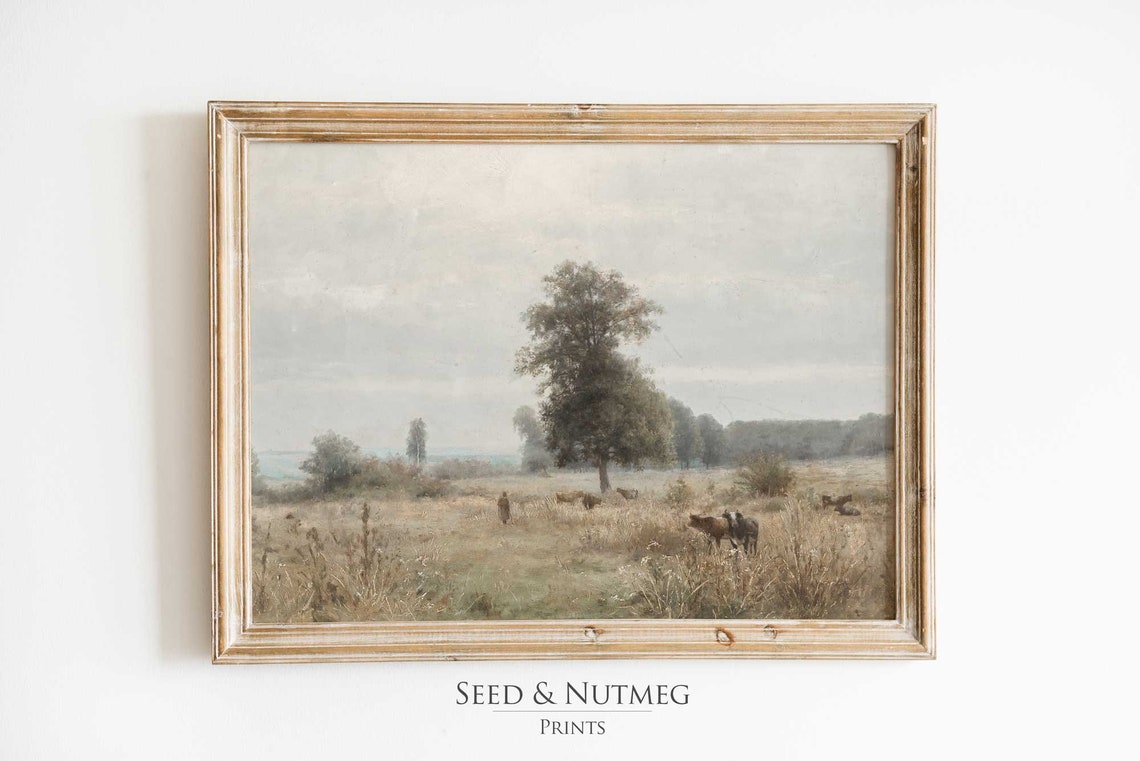 Cows Grazing Misty Pasture Grand Tree Vintage Farm Landscape Poster