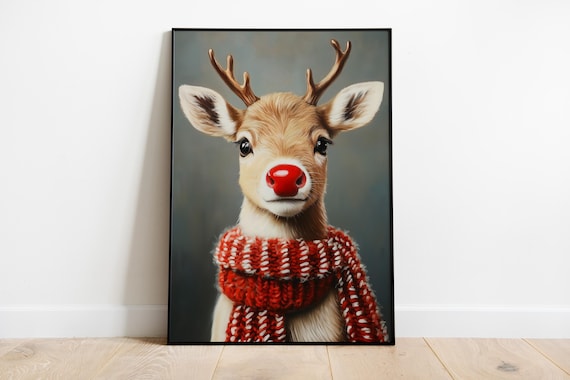 Red Nosed Reindeer In Chunky Knit Scarf Quirky Christmas Poster
