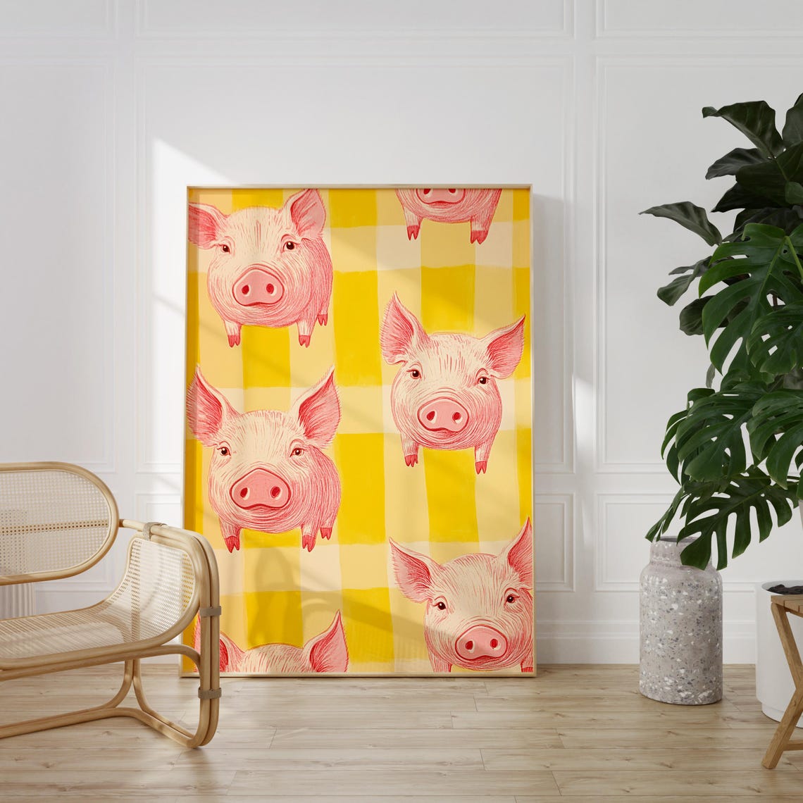 Cute Pink Piglet Faces on Yellow Gingham Check Pattern Poster - Image 4