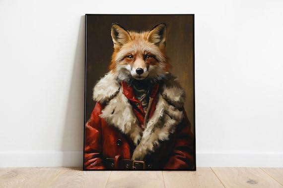Fox In Red Santa Coat Whimsical Christmas Animal Portrait Poster