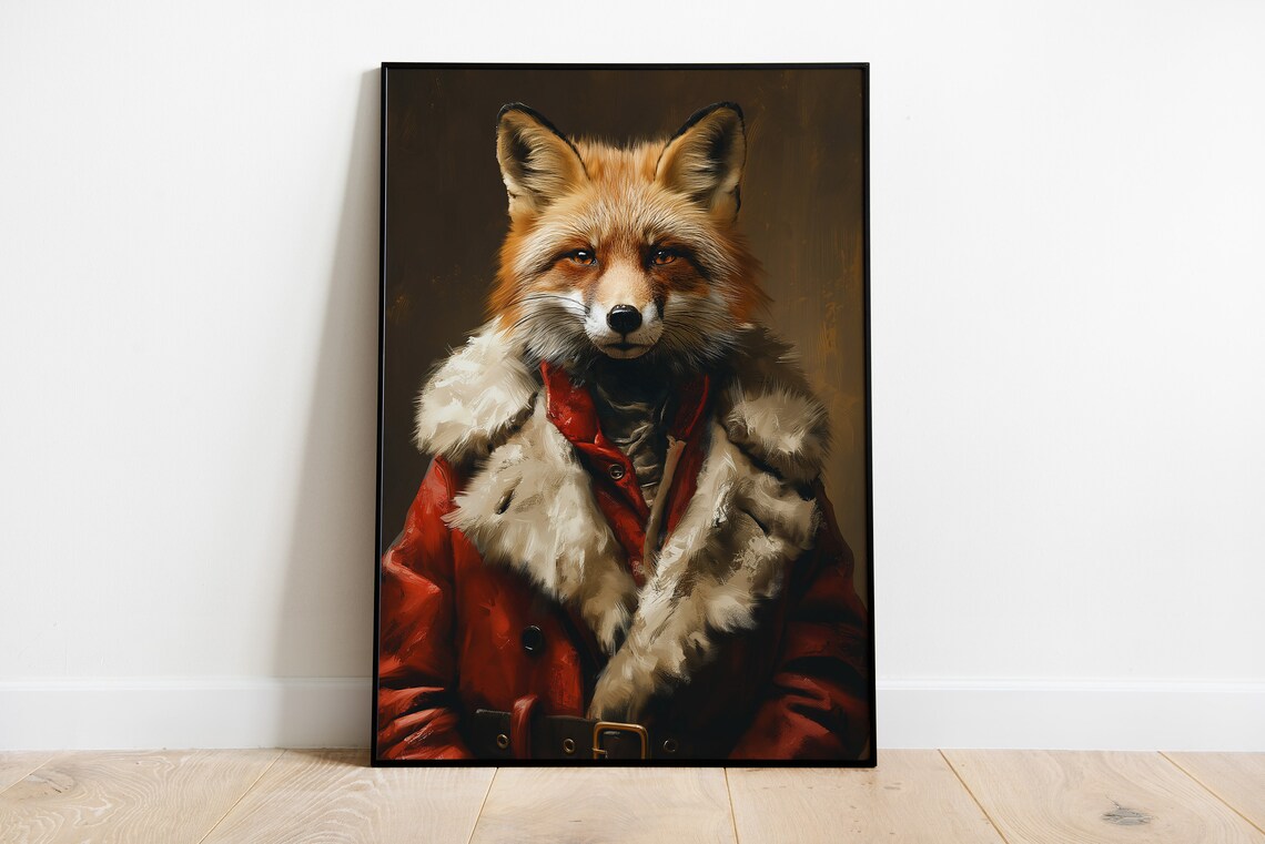 Fox In Red Santa Coat Whimsical Christmas Animal Portrait Poster