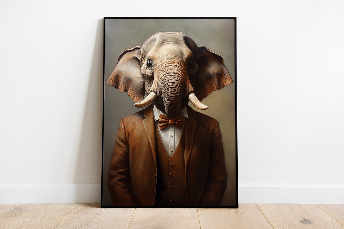Renaissance Elephant Portrait Print Vintage Animal Human Body Art