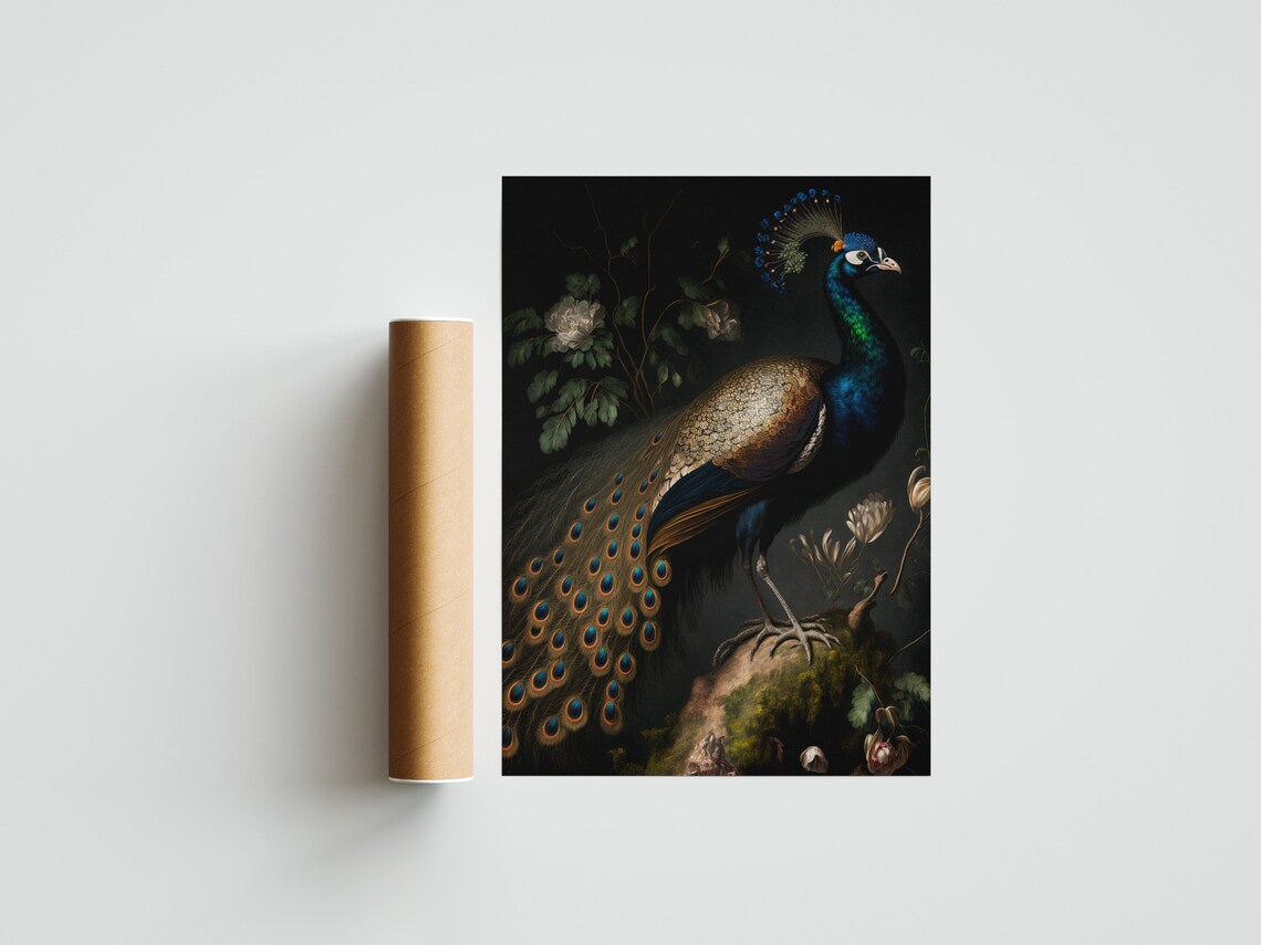 Peacock Dark Moody Oil Painting, Vintage Living Room Poster - Image 3