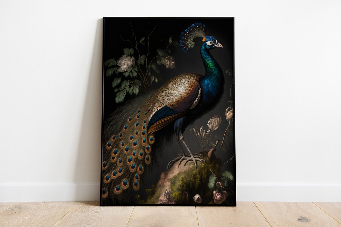 Peacock Dark Moody Oil Painting, Vintage Living Room Poster