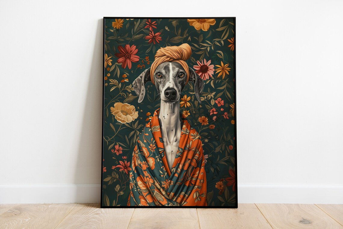 Greyhound In Bathrobe Art Print, Portrait Humour