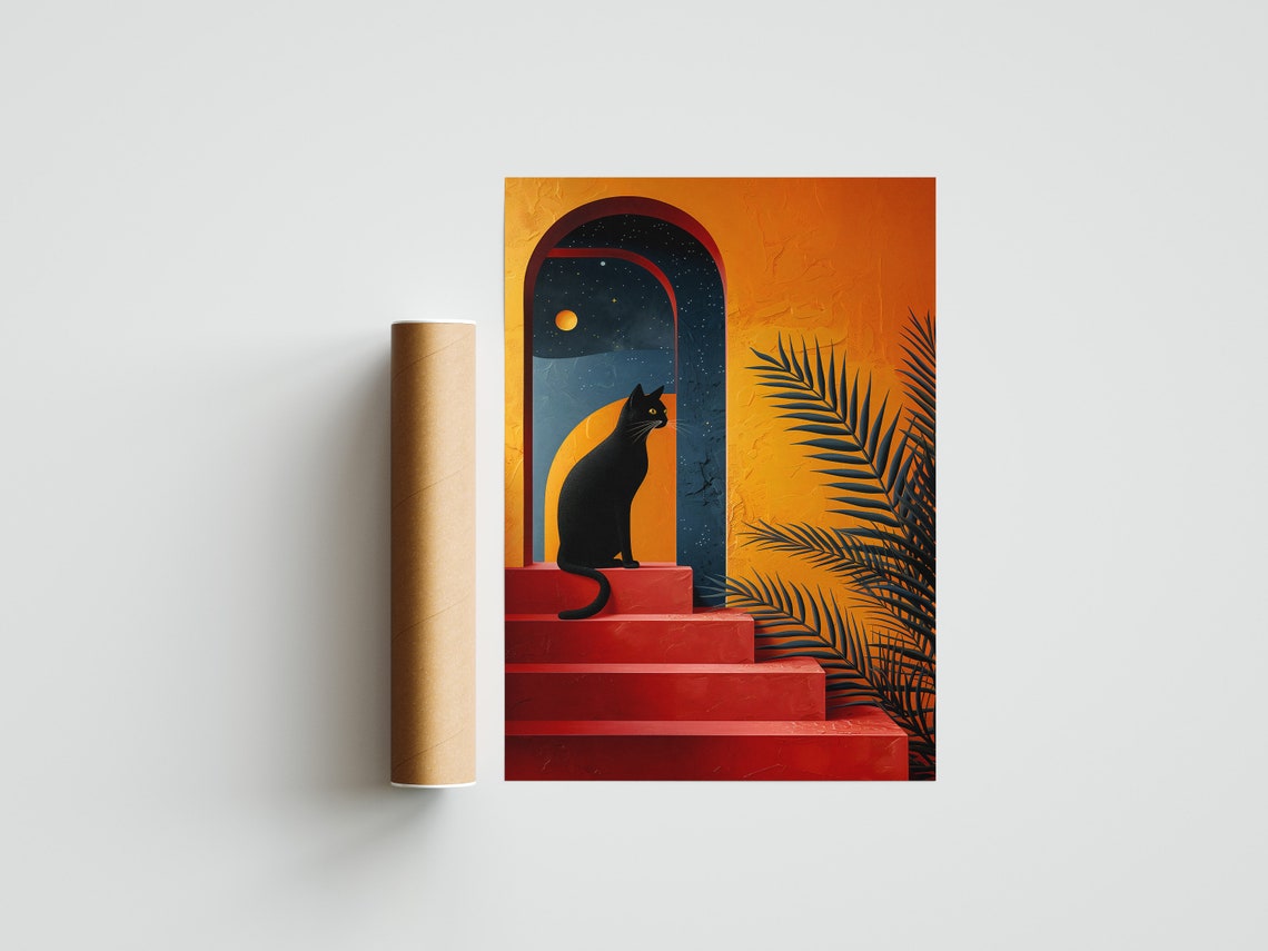 Black Cat Sitting on Red Stairs with Starry Archway Boho Poster - Image 2