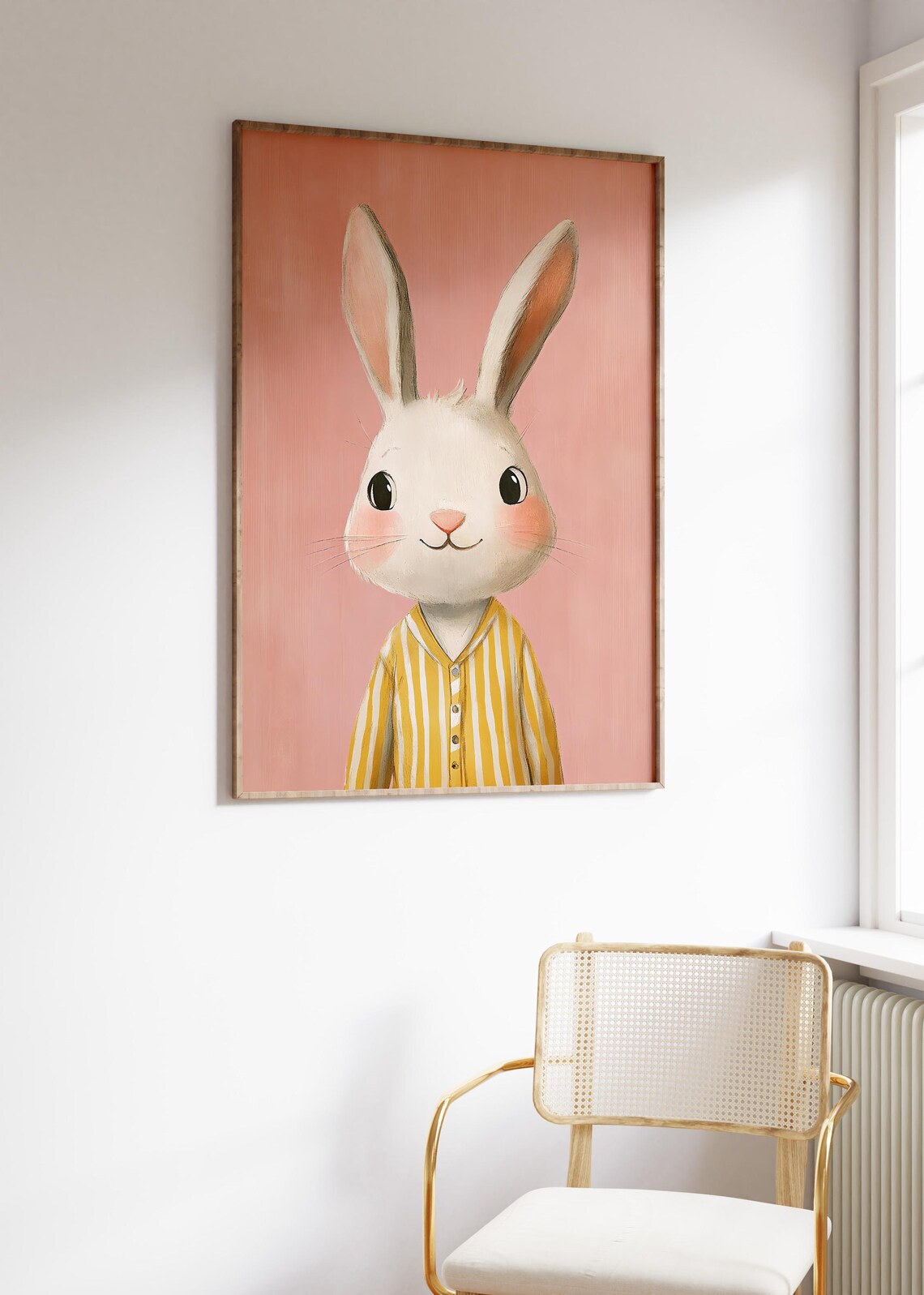 Adorable White Bunny in Striped Pajamas Pink Kids Nursery Poster - Image 3