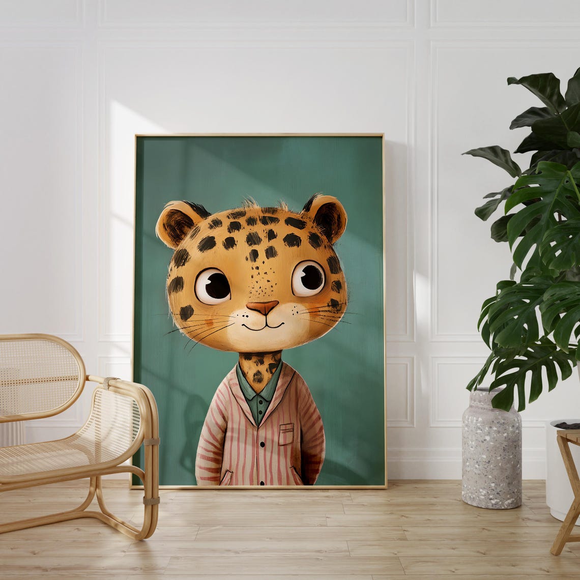Adorable Spotted Big Cat Cub in Striped Pajamas Green Poster - Image 2