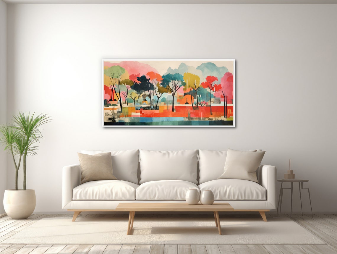 Colorful Pastel Landscape Painting Large Abstract Wall Art Framed Print Boho Tropical Forrest Pinks Teals Vibrant Park - Image 3