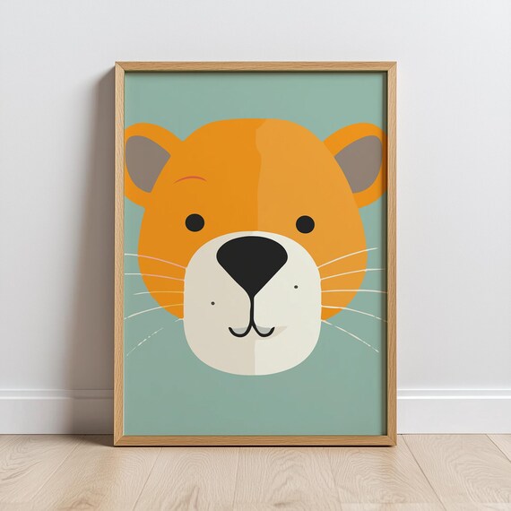 Cute Lion Face Mint Green Background Modern Nursery Kids Room Wall Art Poster