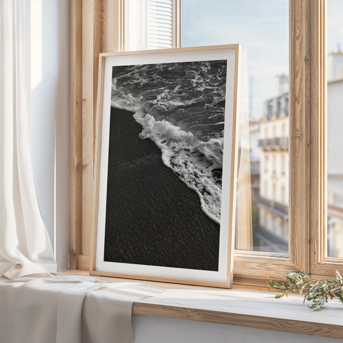 Dramatic Black Sand Beach Foamy Ocean Waves Monochrome Photo Poster
