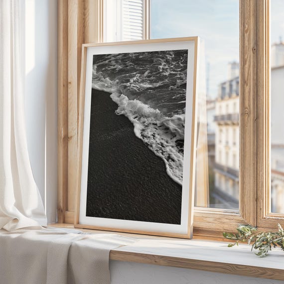 Black Sand Beach Wall Art And White Coastal Fine Abstract Ocean Waves Minimalist Scandinavian Decor House Photography