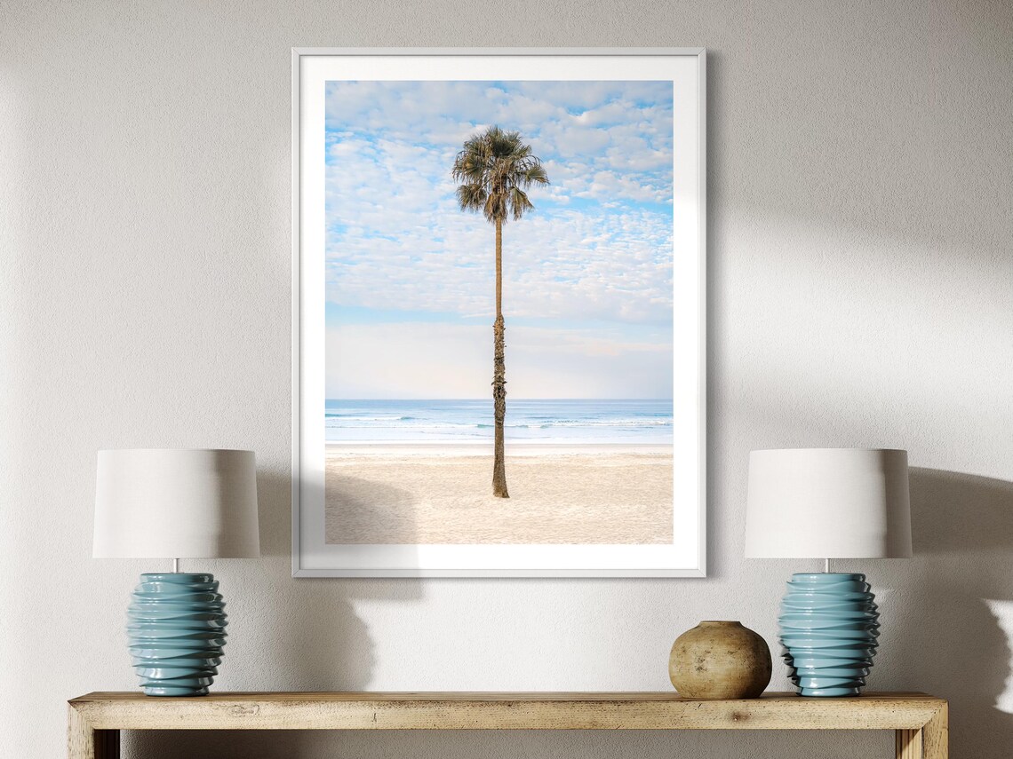 Tall Palm Tree Pastel Sky Beach Photography Coastal Decor Print
