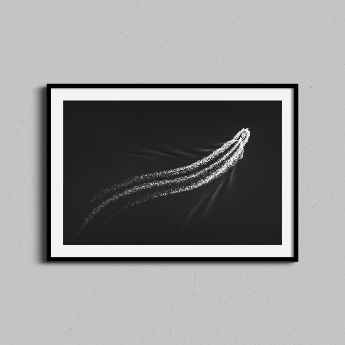 Speedboat Wake Aerial Black White Minimalist Ocean Art Poster