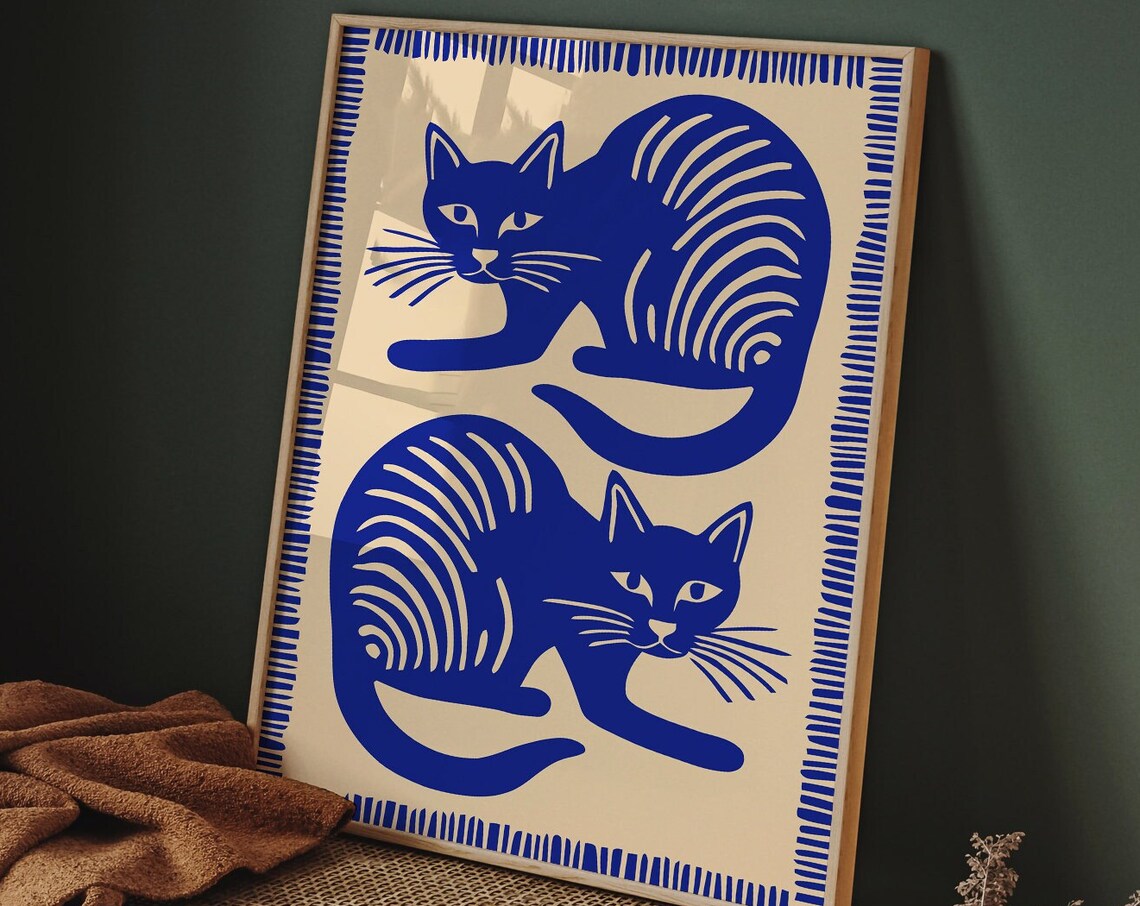 Blue Indigo Twin Cats Decorative Striped Border Folk Art Print - Image 6
