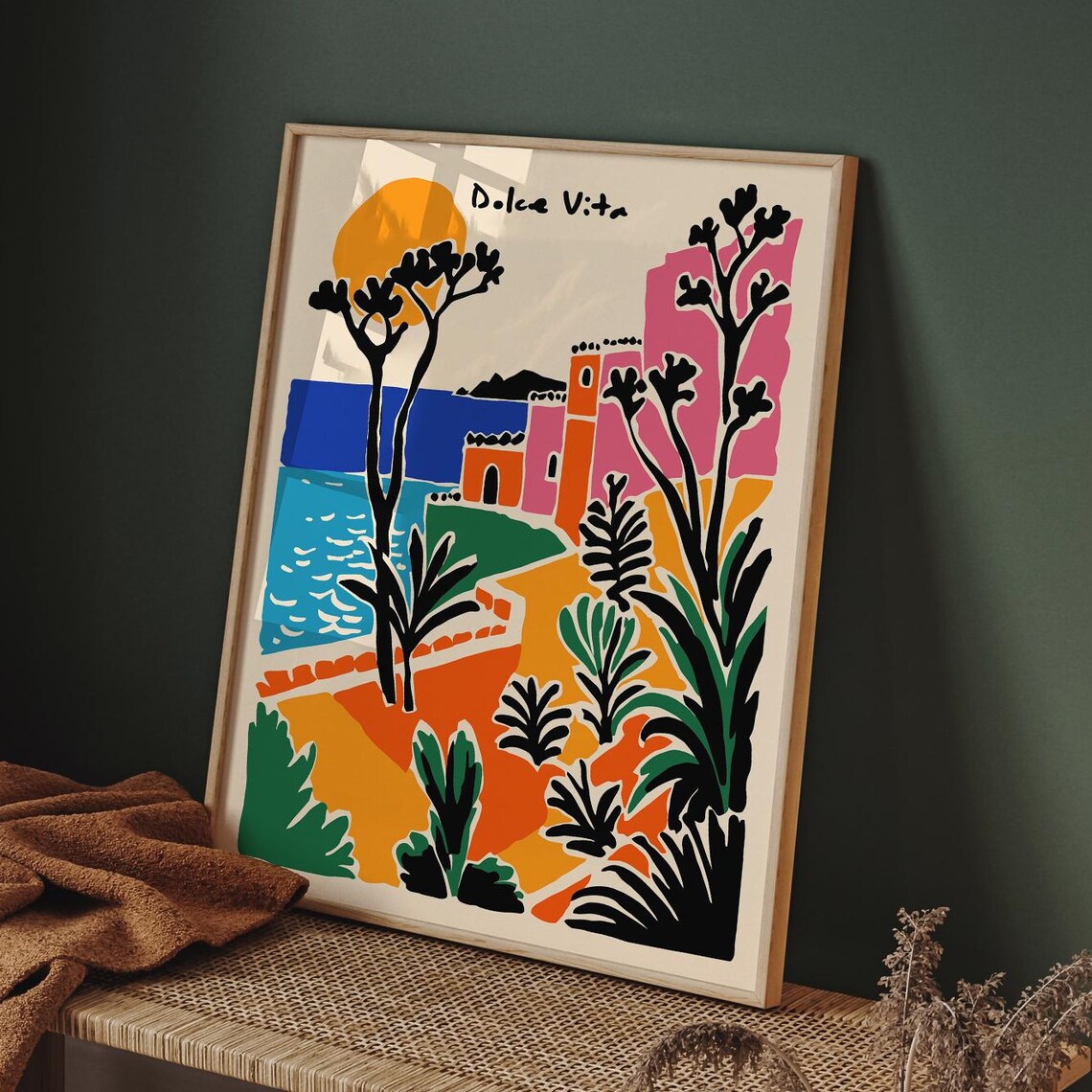 Dolce Vita Coastal Town Poster Pink Houses Sea and Palm Trees - Image 5