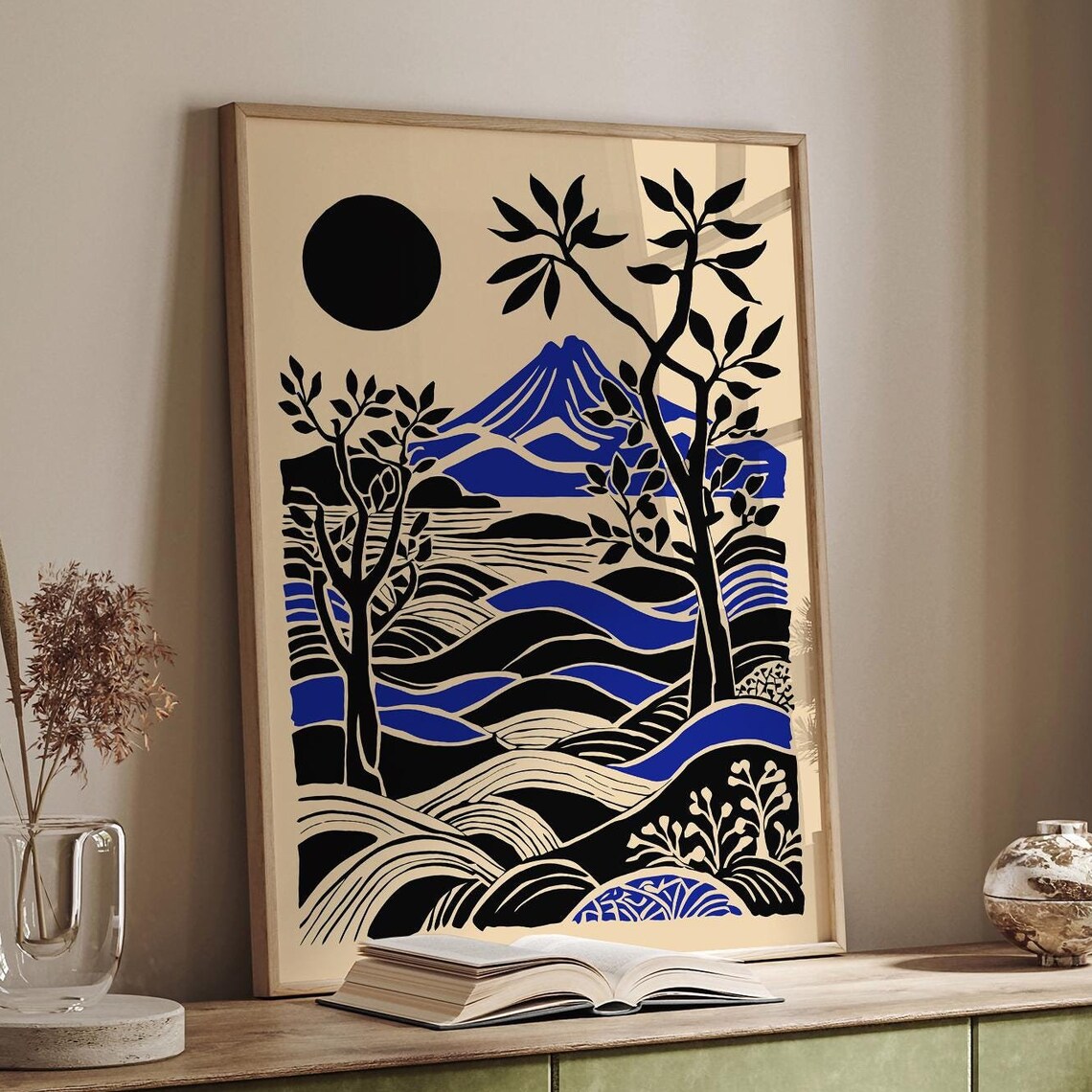 Mount Etna Sicily Blue Volcano Night Linocut Landscape Art Poster