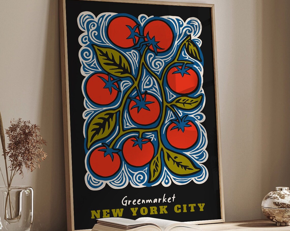 New York City Greenmarket Tomato Linocut Farmers Market Poster