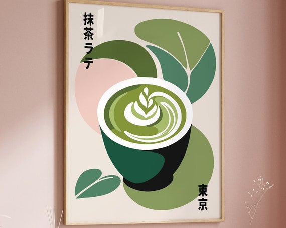 Matcha Latte Poster Tea Coffee Print Japanese Tea Retro Beverage Poster Kitchen Decor Minimalist Wall Art Print Housewarming Art
