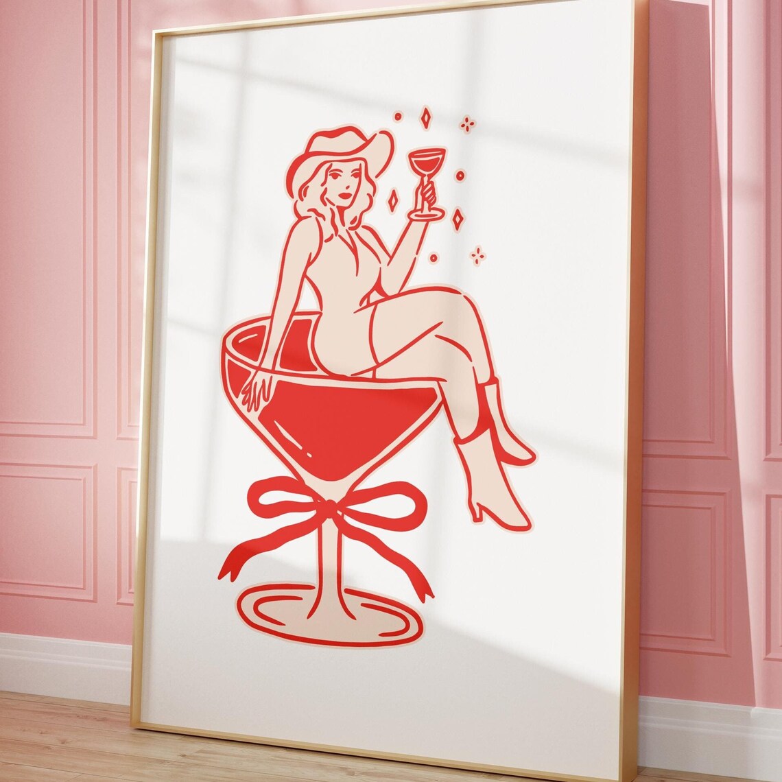 Cowgirl in a Cocktail Glass Red Line Art Retro Trendy Western Poster