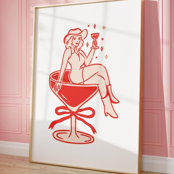 Cowgirl in a Cocktail Glass Red Line Art Retro Trendy Western Poster