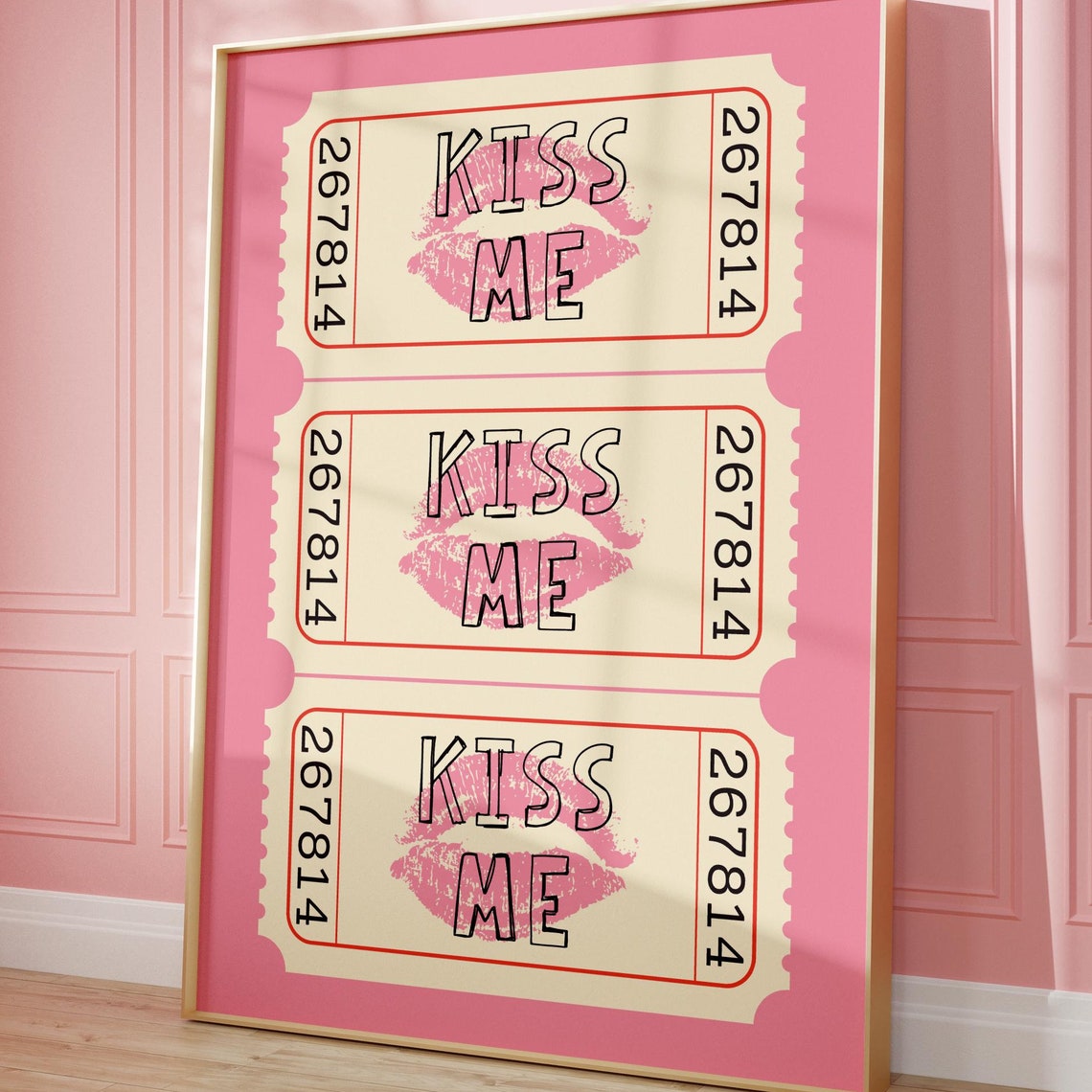 Kiss Me Pink Lipstick Retro Ticket Stub Trio Girly Love Poster