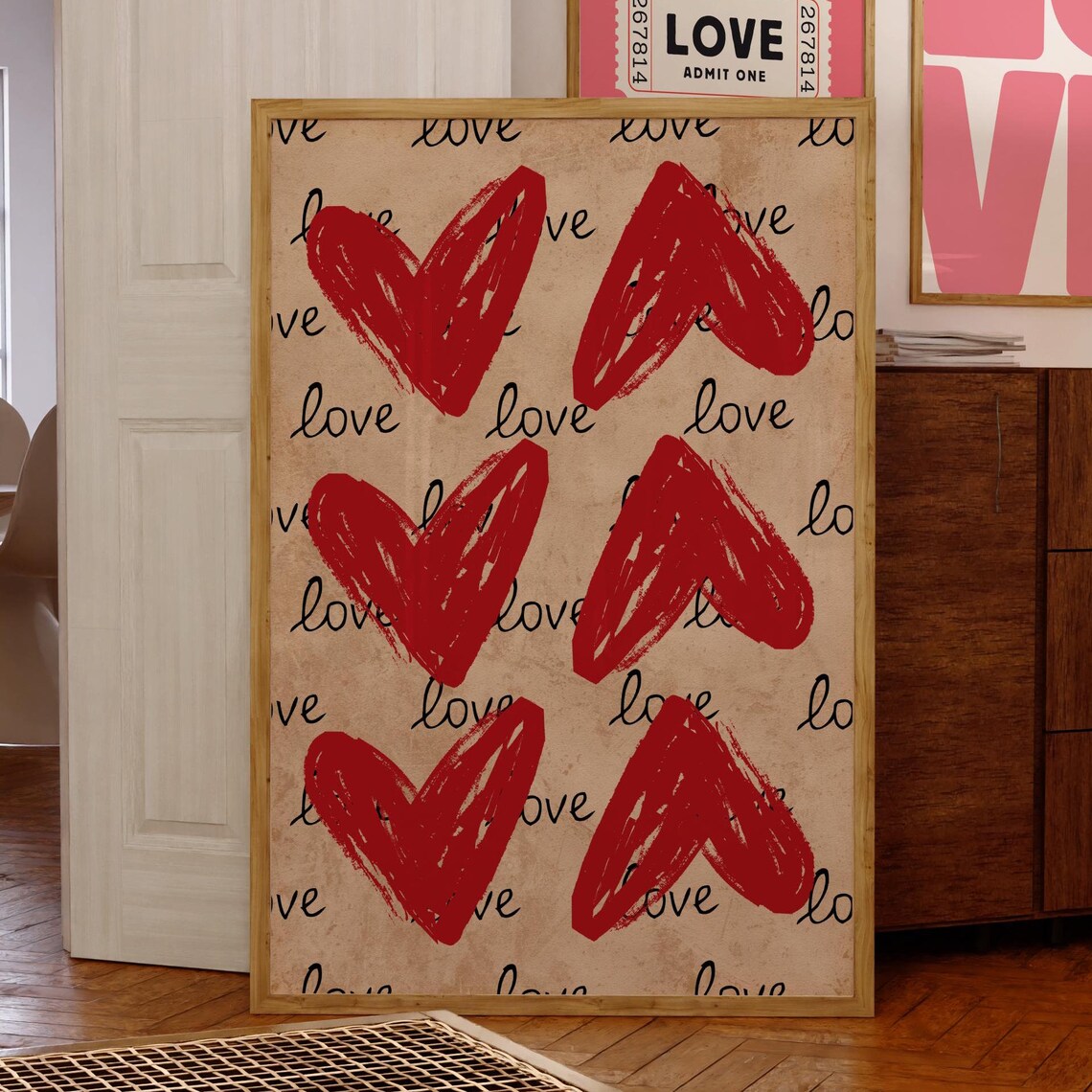 Love You Red Brushstroke Hearts Kraft Paper Retro Love Poster