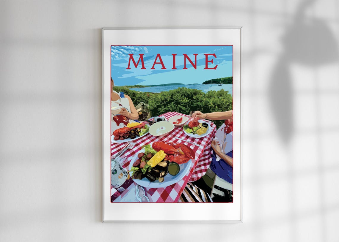 Maine Lobster Bake Seaside Picnic Feast Coastal Travel Poster