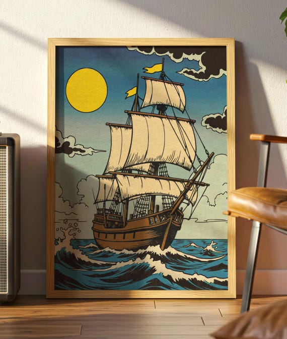 Vintage Comic Book Sailing Ship Retro Ocean Nautical Wall Art Halftone Texture Bold Inking Premium Matte Poster